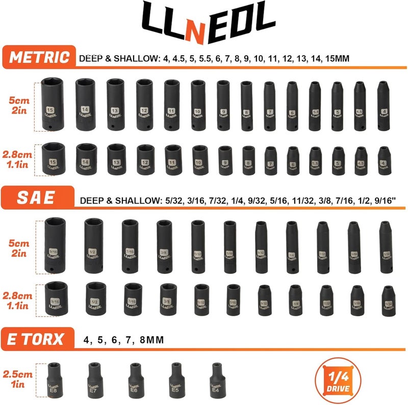 LLNEDL 1/4 Inch Drive Impact Socket Set, 83Pcs Socket Wrench Set Metric & SAE from 4-15mm, 5/32-9/16", 6 Point CR-V Deep & Shallow Sockets Kit with 72T Ratchet Handle, E Torx, for Automotive & Home - Image 2